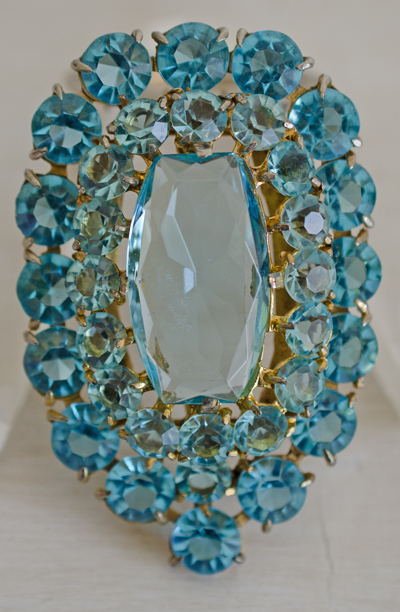 Massive Aqua Marine Faceted Glass Gold Tone Vintage Dress Clip