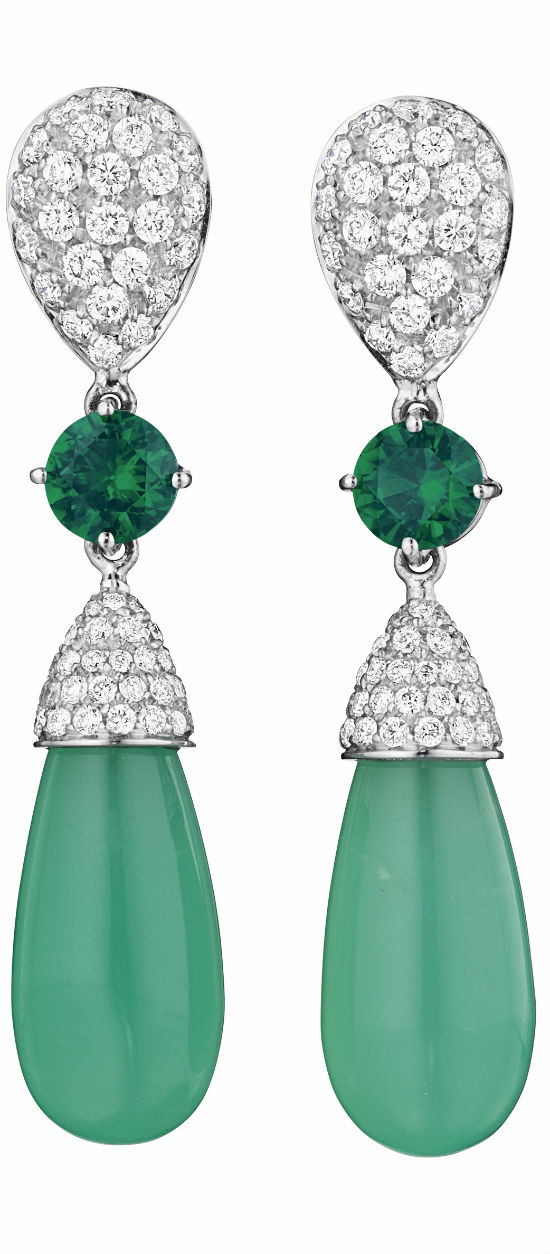 MARGHERITA BURGENER A Pair of Chrysoprase, Chrome Diopside and Diamond Ear Pendants via Haute Tramp