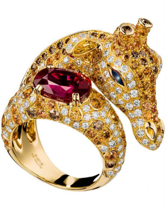 Zarafah ring set with rubies, blue sapphires, orange sapphires, brown diamonds and white diamonds by Boucheron