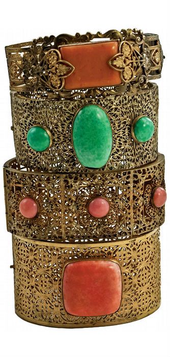 1930's Brass Filigree Bracelets adorned with Glass Cabochons Stacked by Napier