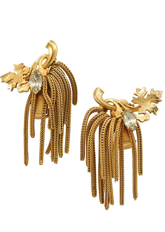 Gold plated leaf earrings drip with foxtail chains and two crystals by Napier