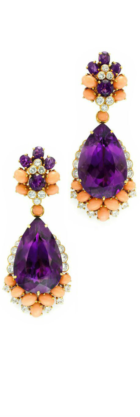 A Pair of Amethyst Coral and Diamond Ear Pendants by Van Cleef Arpels, via Haute Tramp