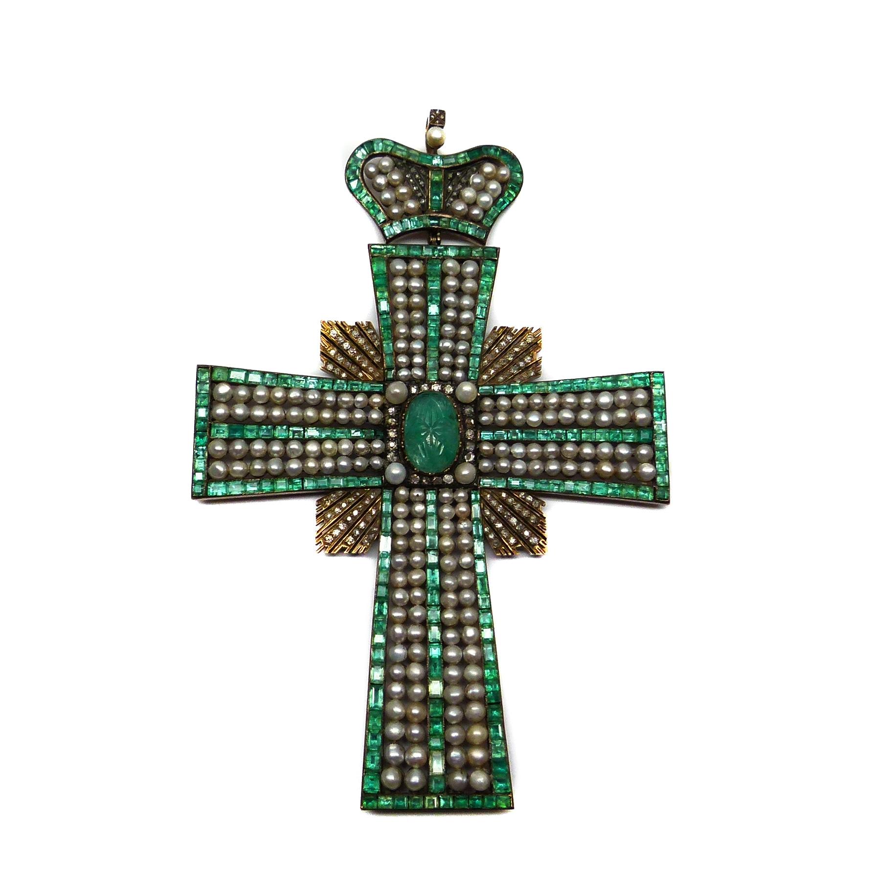 Large 19th century emerald, pearl and diamond cross pendant with coronet surmount, Russian c.1850 - See more at: http://www.masterart.com/Large-19th-century-emerald-pearl-and-diamond-cross-pendant-with-coronet-surmount