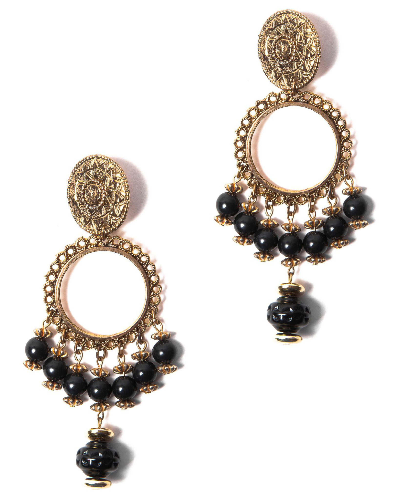 Black and Gold Beaded Gypsy Earrings, circa 1970’s - Haute Tramp